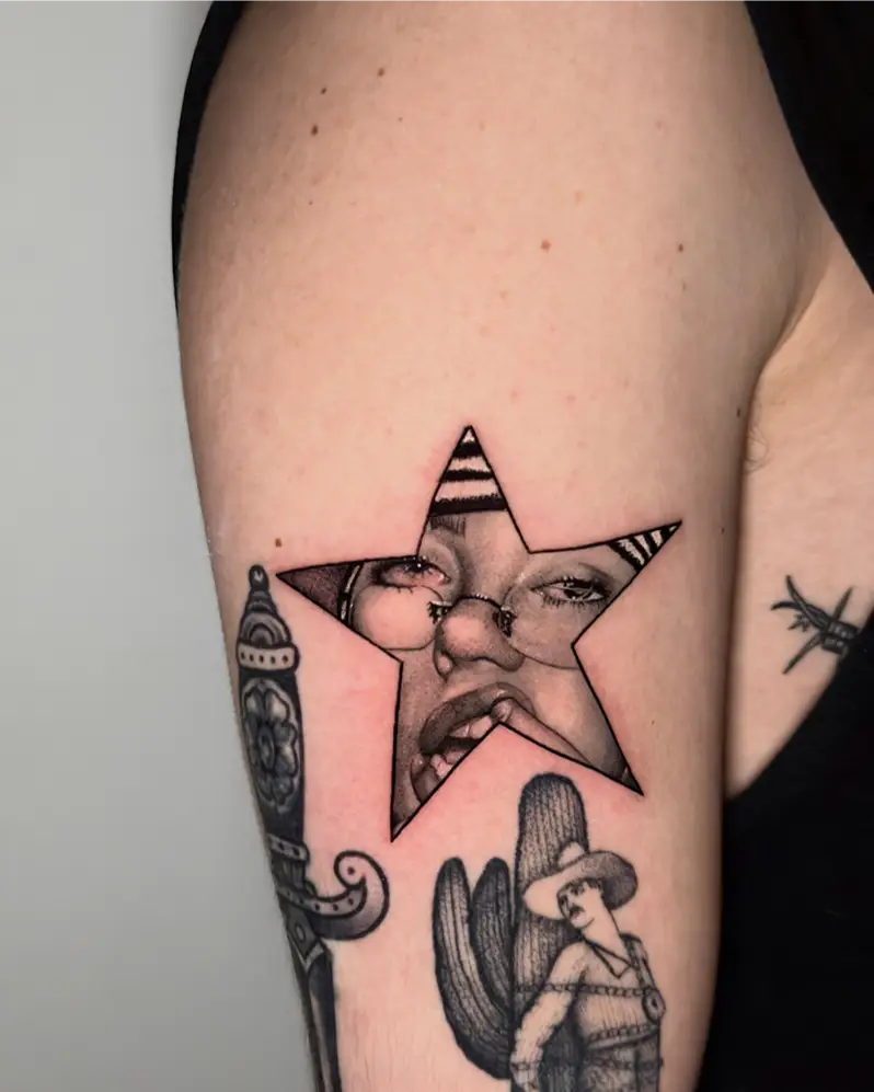 Geometric Star Billie Eilish Portrait Tattoo