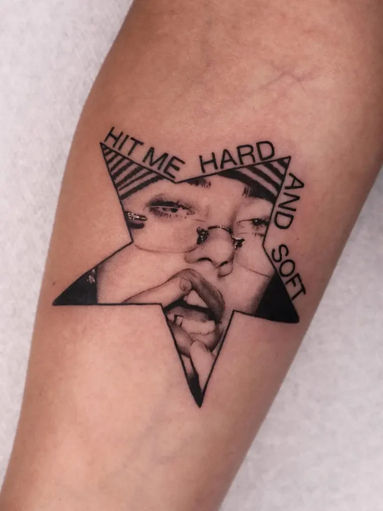 Geometric Star Hit Me Hard and Soft Portrait Tattoo