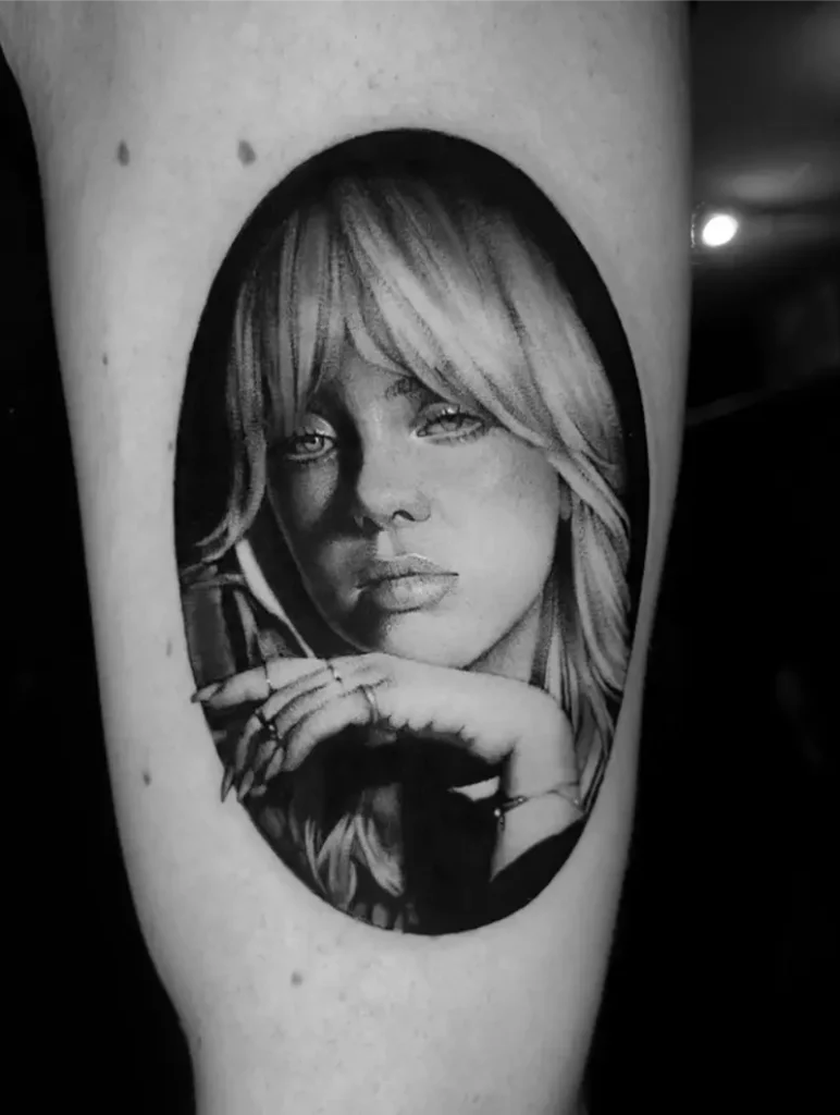 Hyper Realistic Billie Eilish Portrait Tattoo