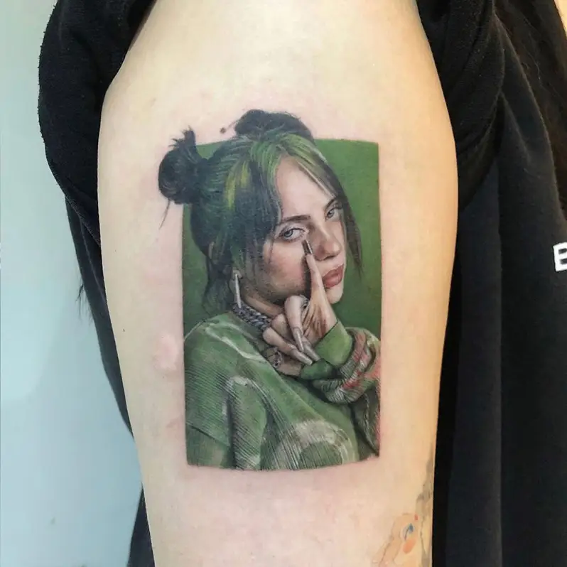 Hyper Realistic Green Era Billie Eilish Portrait Tattoo