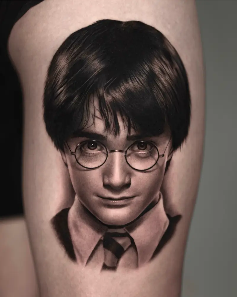 Hyper Realistic Harry Potter Portrait Tattoo