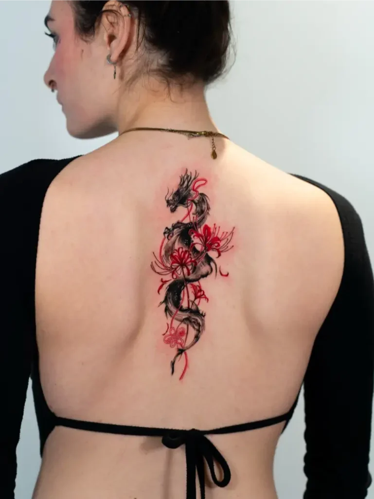 Illustrative Dragon and Red Spider Lily Spine Tattoo