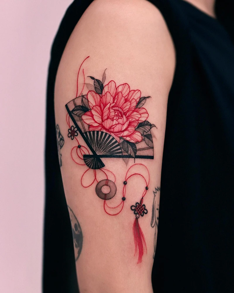 Illustrative Peony Fan Tattoo