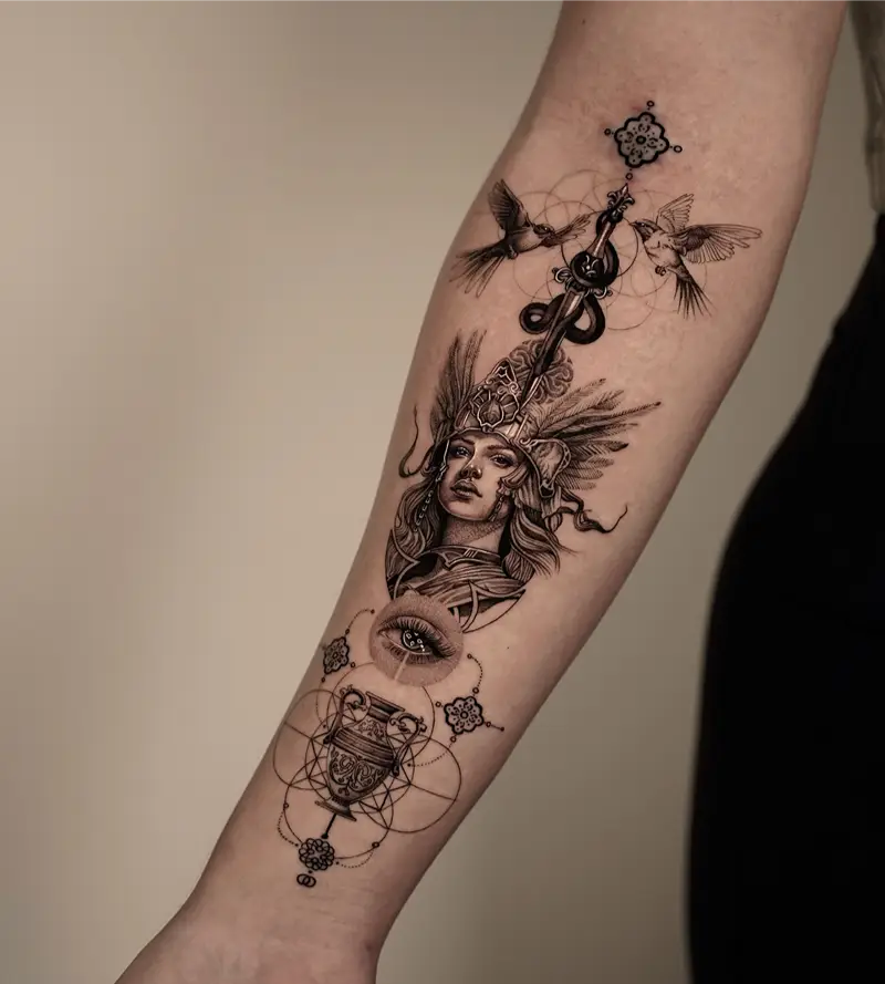 Intricate Fine Line Athena Composition Tattoo