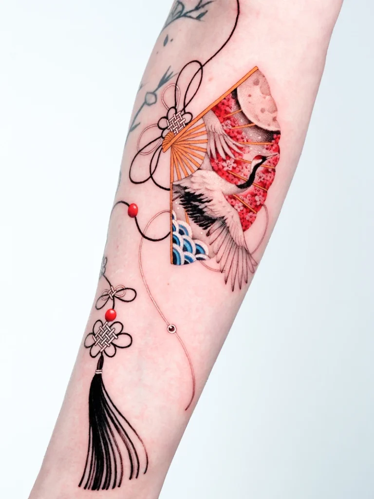 Japanese Crane Scenic Fan Tattoo
