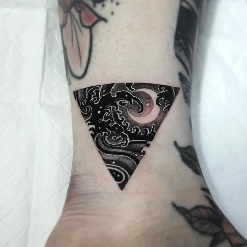 Japanese Wave Moon Triangle Tattoo
