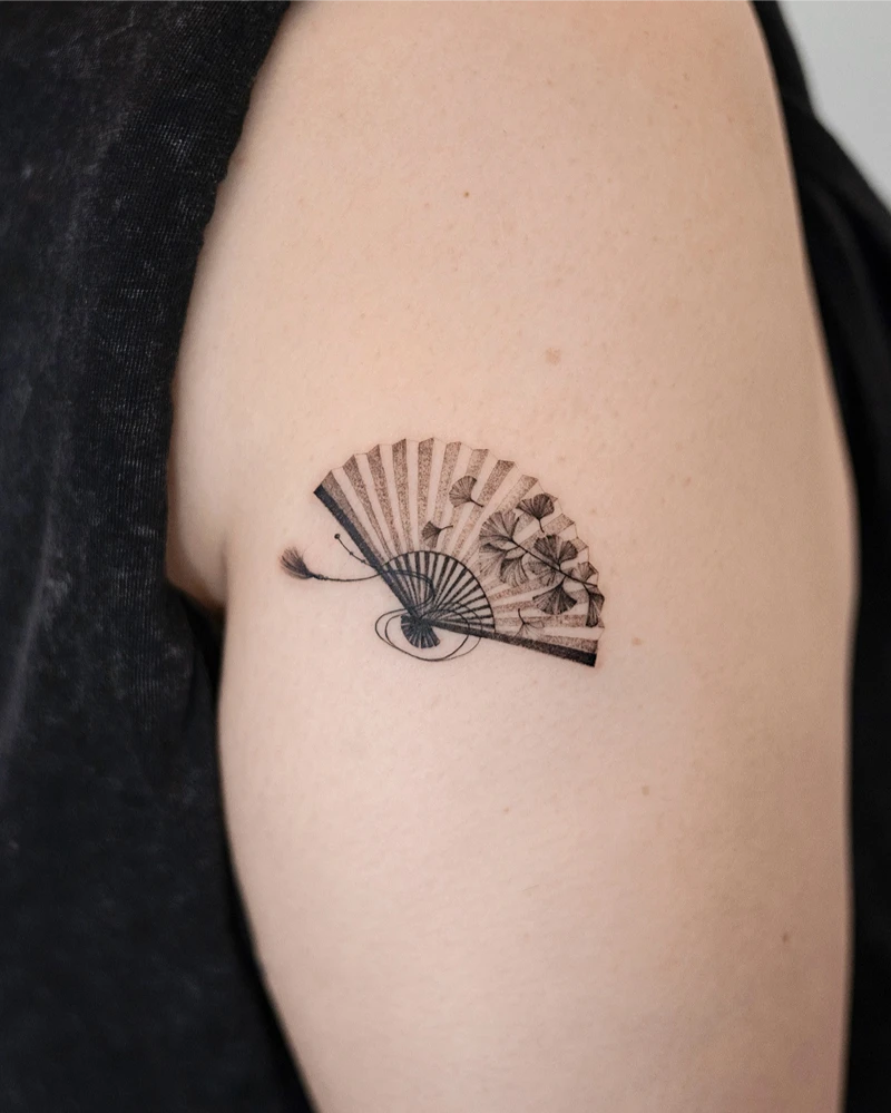 Micro Fine Line Ginkgo Fan Tattoo