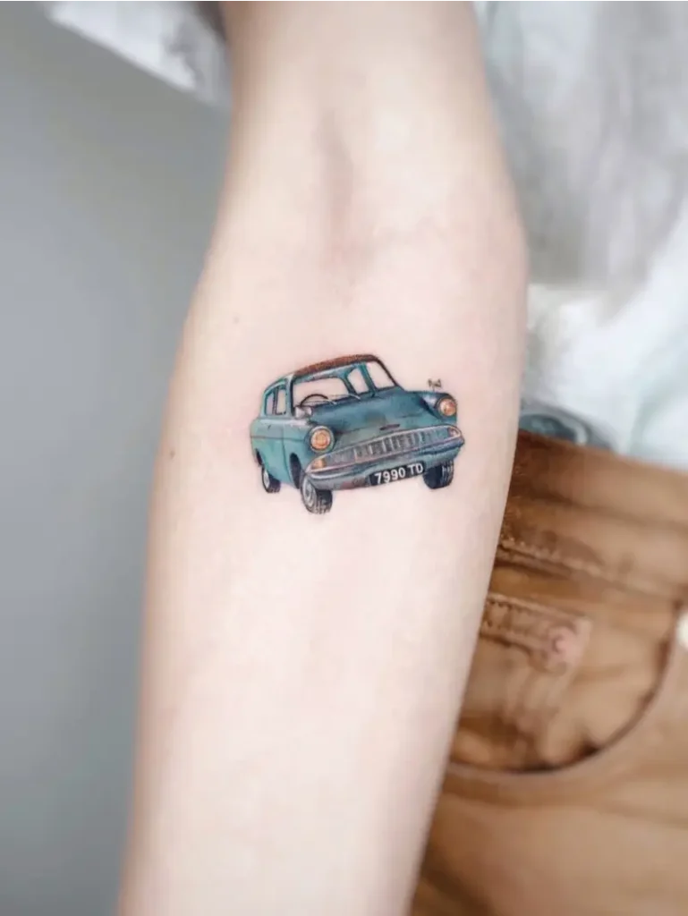 Miniature Flying Ford Anglia Tattoo