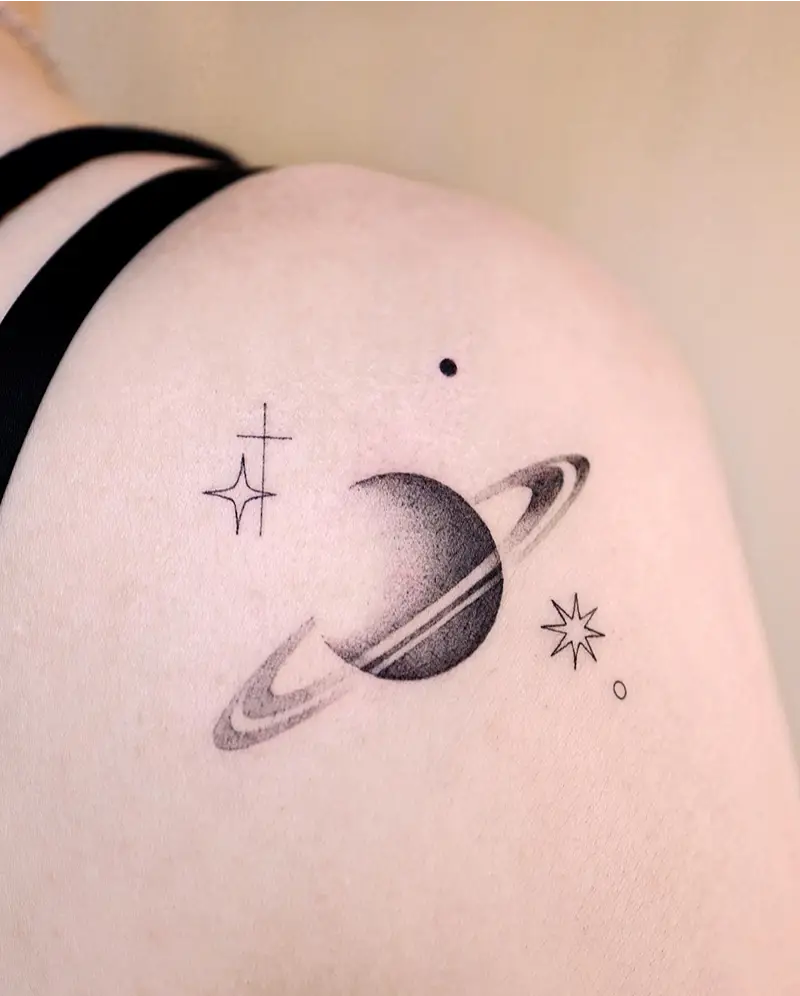 Minimal Dotwork Saturn Planet Tattoo