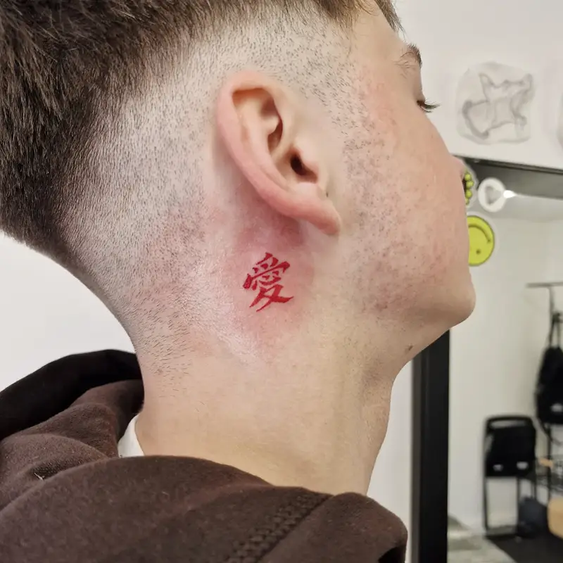 Minimal Red Love Kanji Neck Tattoo