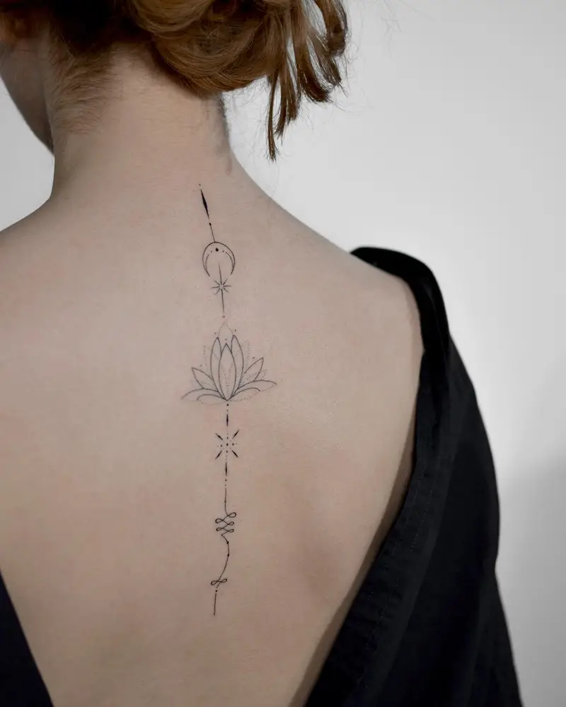 Minimalist Celestial Lotus Unalome Tattoo