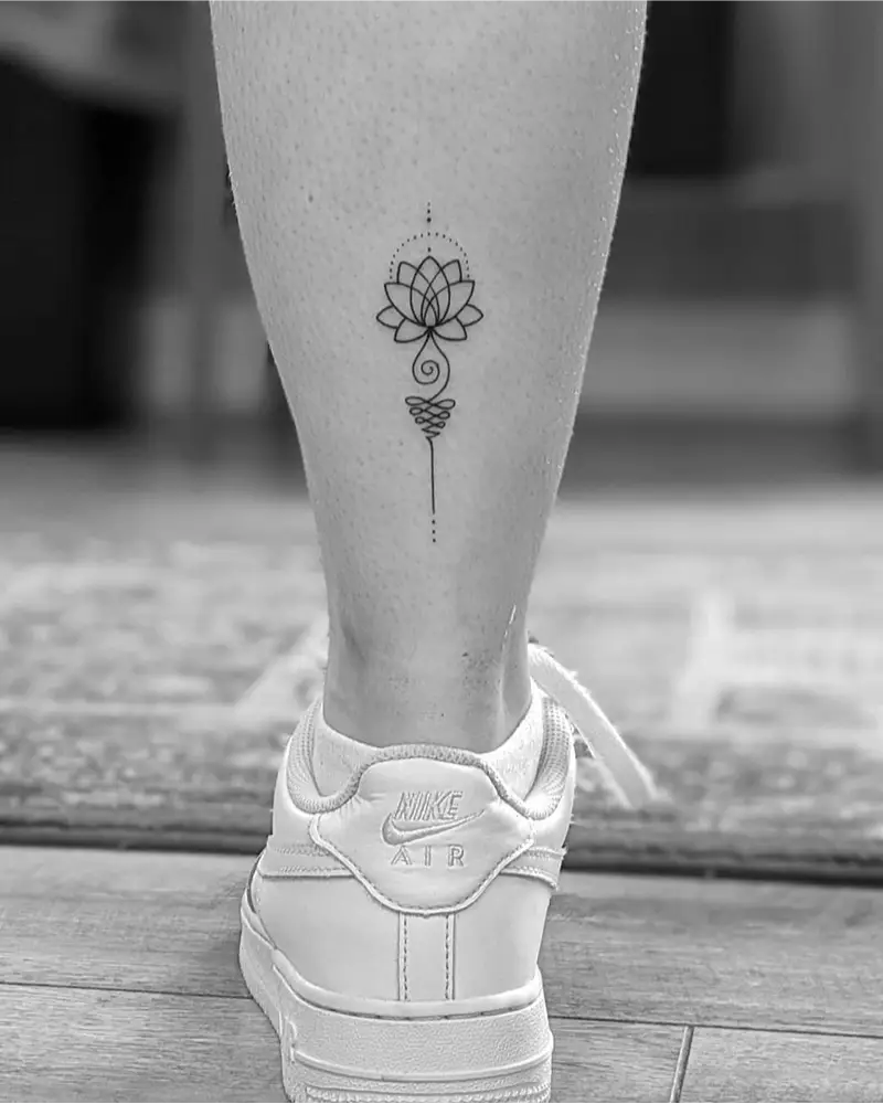 Minimalist Lotus Unalome Calf Tattoo