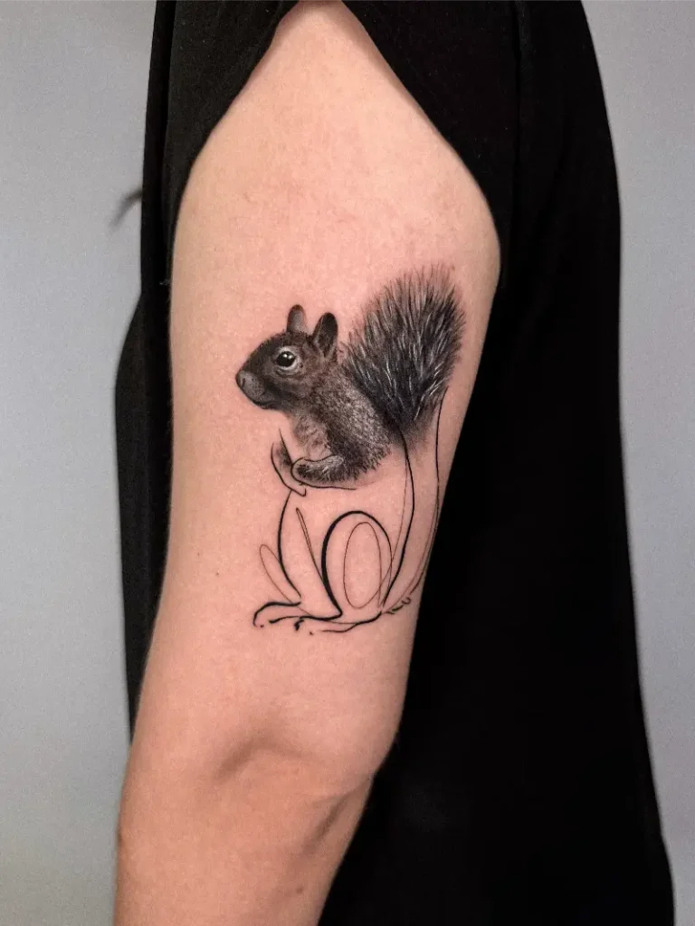 Hybrid Fine Line and Realism Squirrel Tattoo