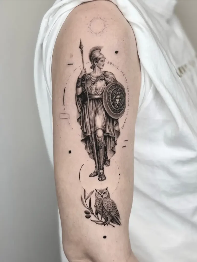Minimalist Warrior Athena and Owl Tattoo