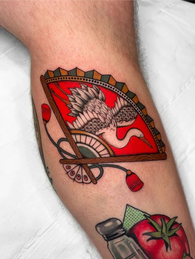 Neo Traditional Crane Fan Tattoo