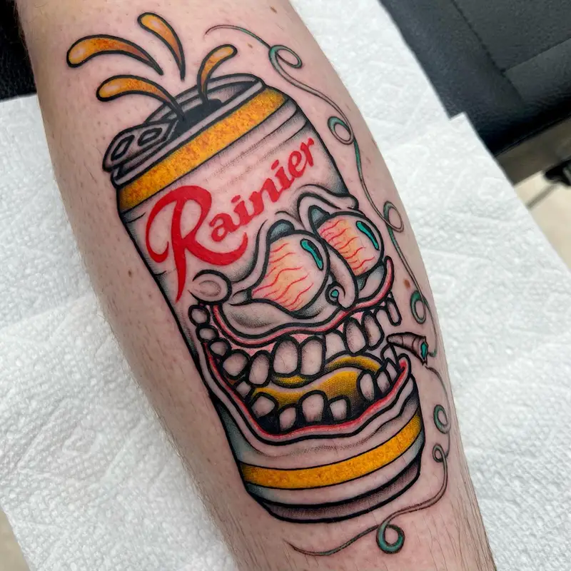 Neo Traditional Rainier Beer Can Skull Tattoo