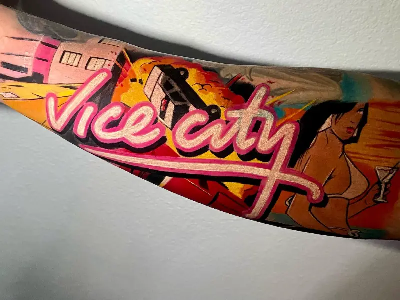 Neo Traditional Vice City Collage Tattoo