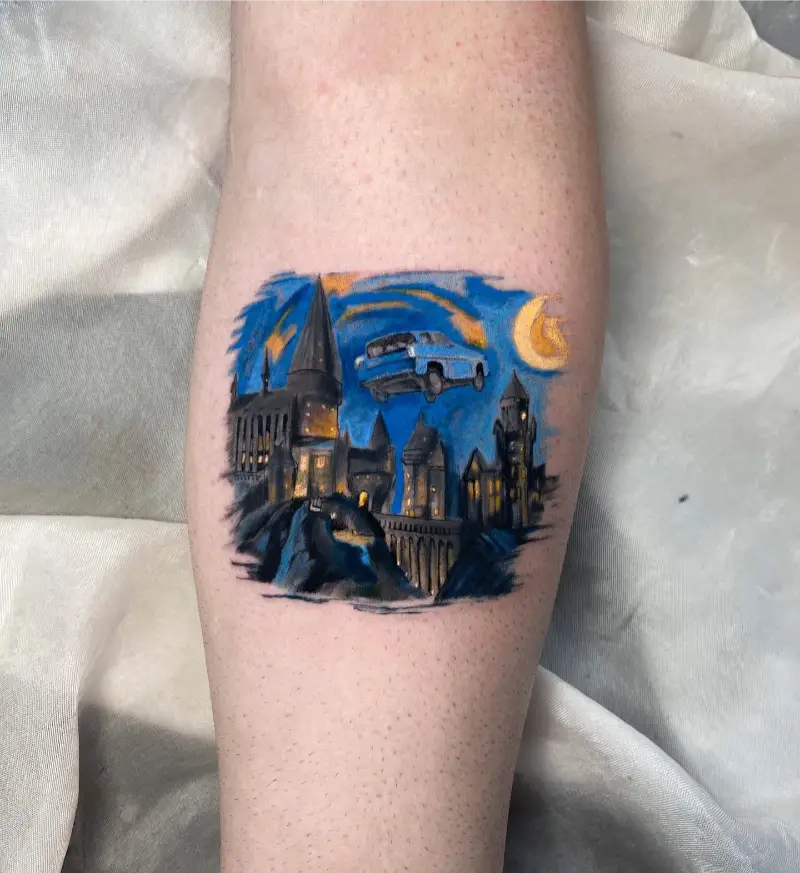 Night Sky Hogwarts and Flying Car Tattoo