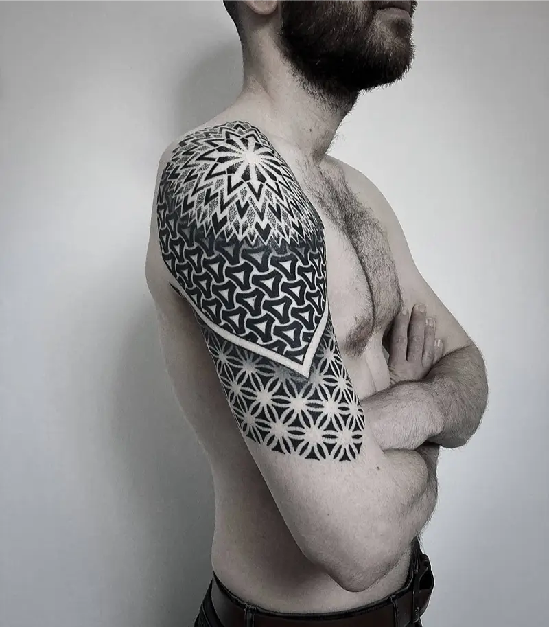 Optical Blackwork Flower of Life Sleeve Tattoo
