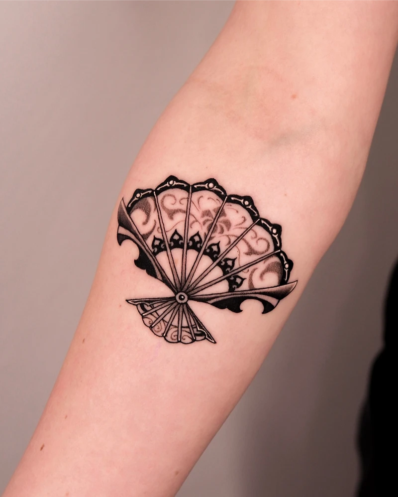 Ornamental Blackwork Folding Fan Tattoo
