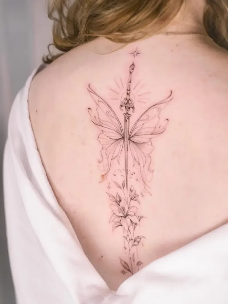 Ornamental Butterfly Sword Spine Tattoo
