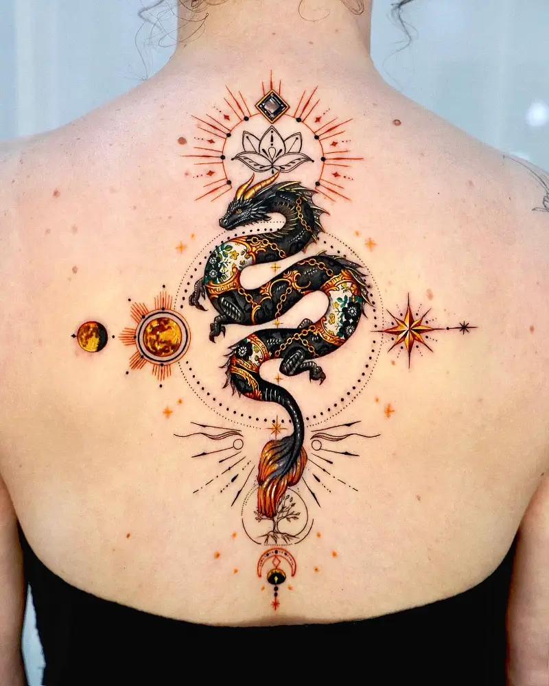 Ornamental Celestial Dragon Spine Tattoo