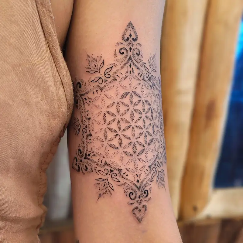 Ornamental Dotwork Flower of Life Tattoo
