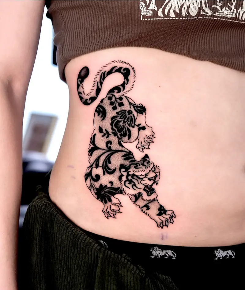 Ornamental Floral Panther Belly Tattoo