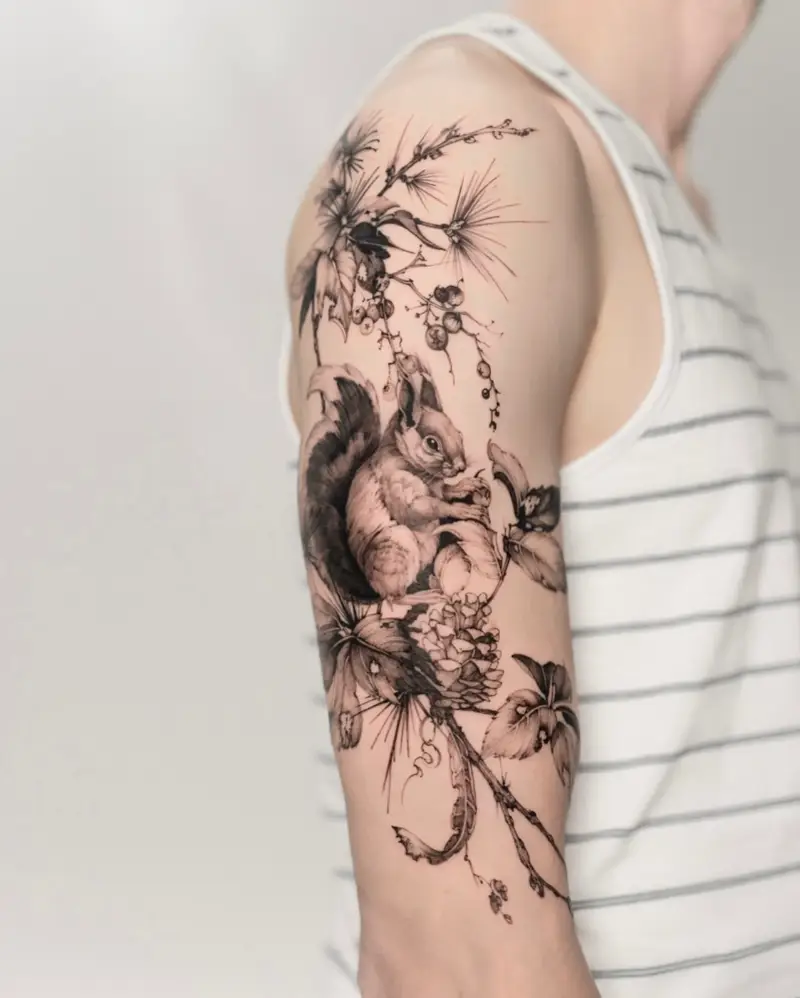 Botanical Forest Sleeve Squirrel Tattoo
