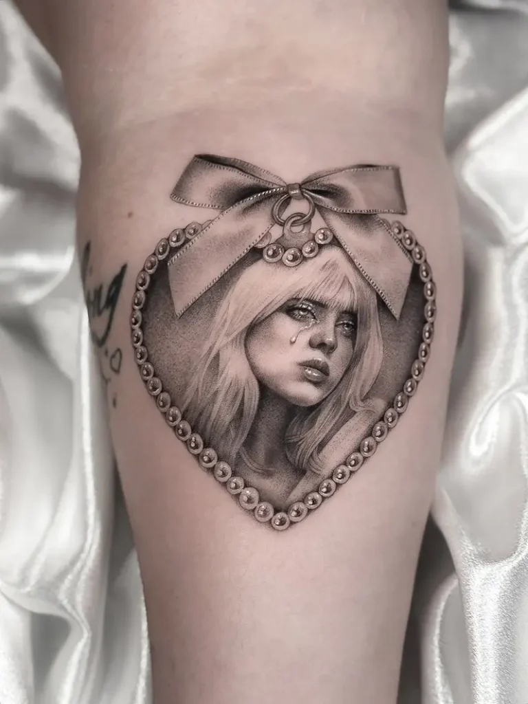 Ornamental Heart Frame Billie Eilish Portrait Tattoo