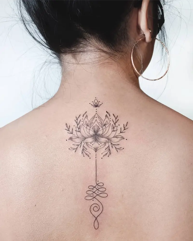 Ornamental Lotus Mandala Unalome Back Tattoo