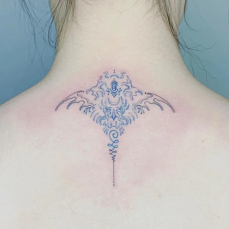 Ornamental Manta Ray Unalome Back Tattoo