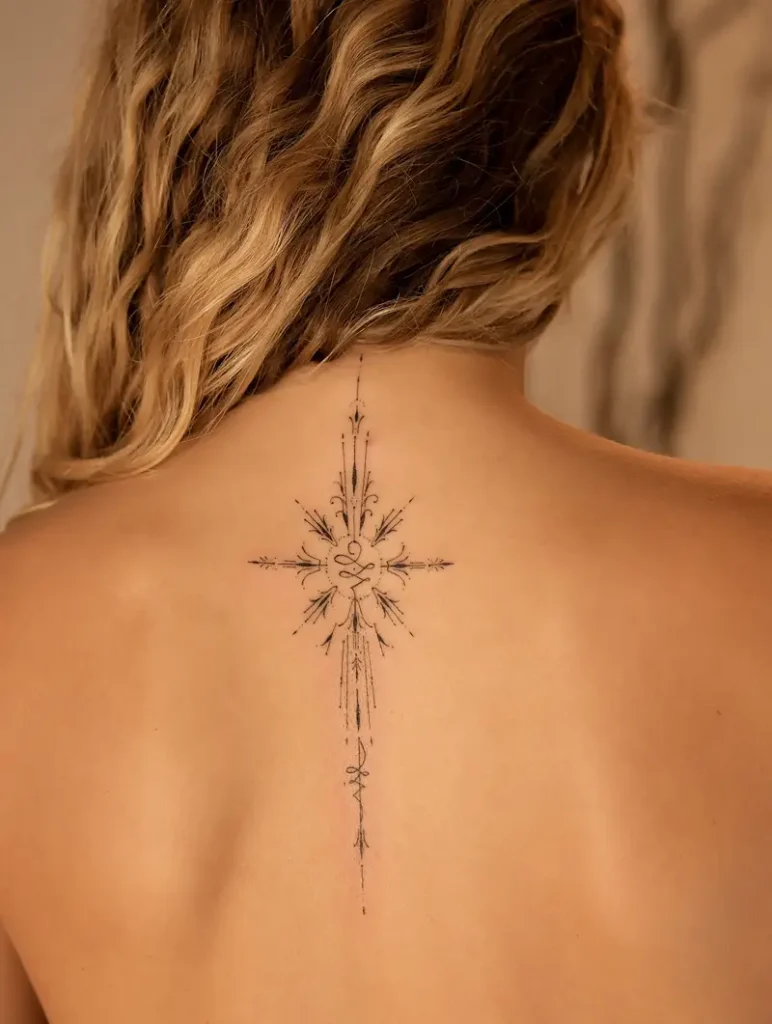Ornamental Radiant Unalome Spine Tattoo
