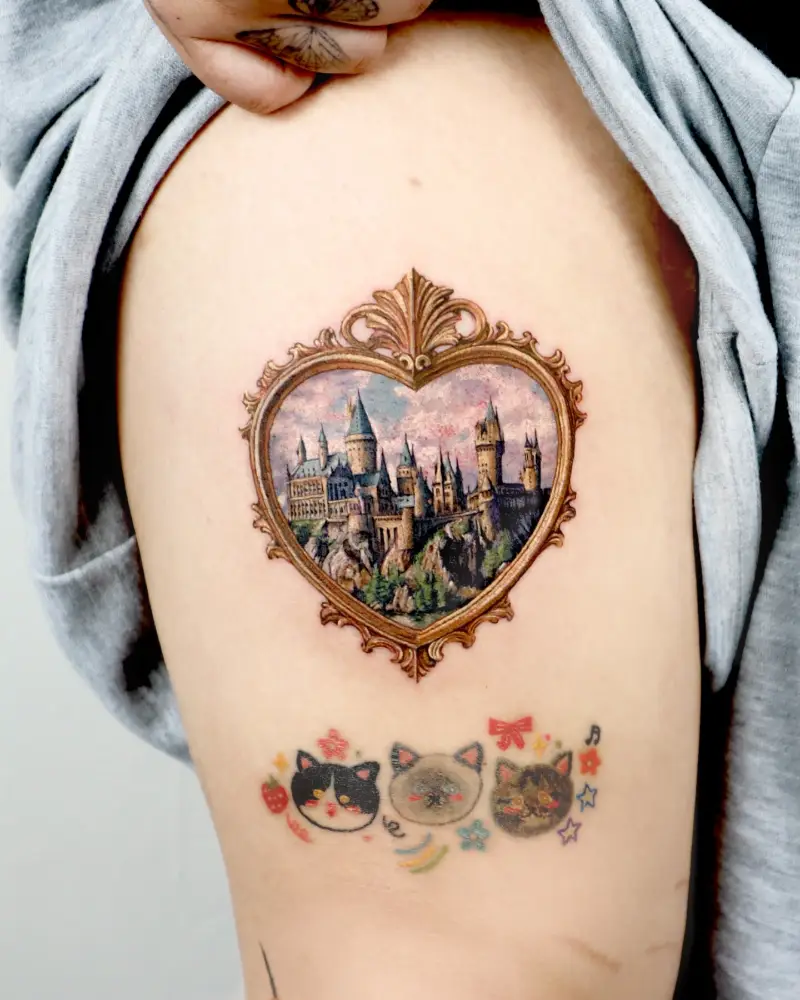 Ornate Heart Frame Hogwarts Castle Tattoo