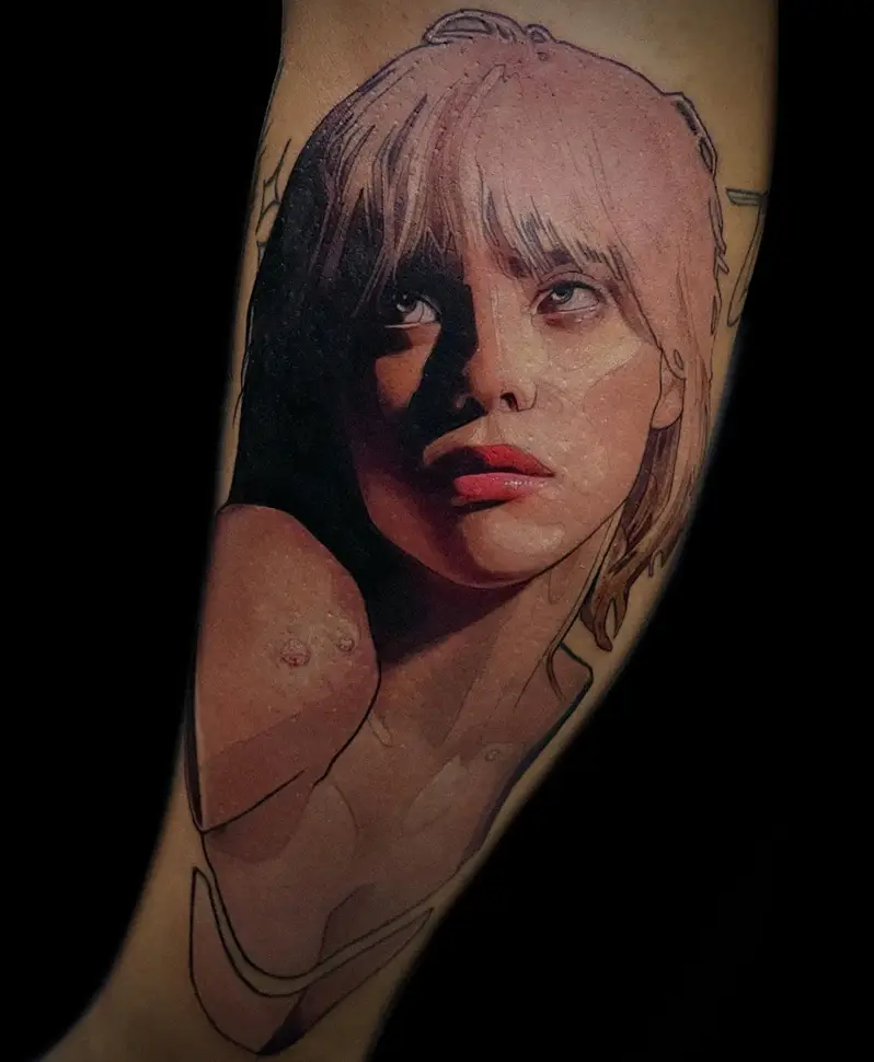 Painterly Billie Eilish Portrait Tattoo