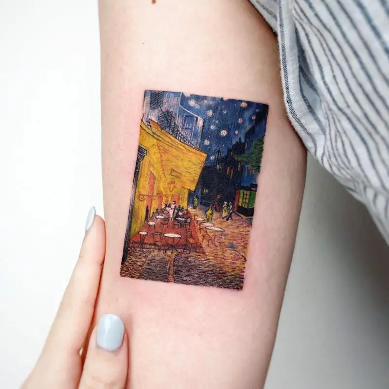 Painterly Café Terrace at Night Rectangle Tattoo