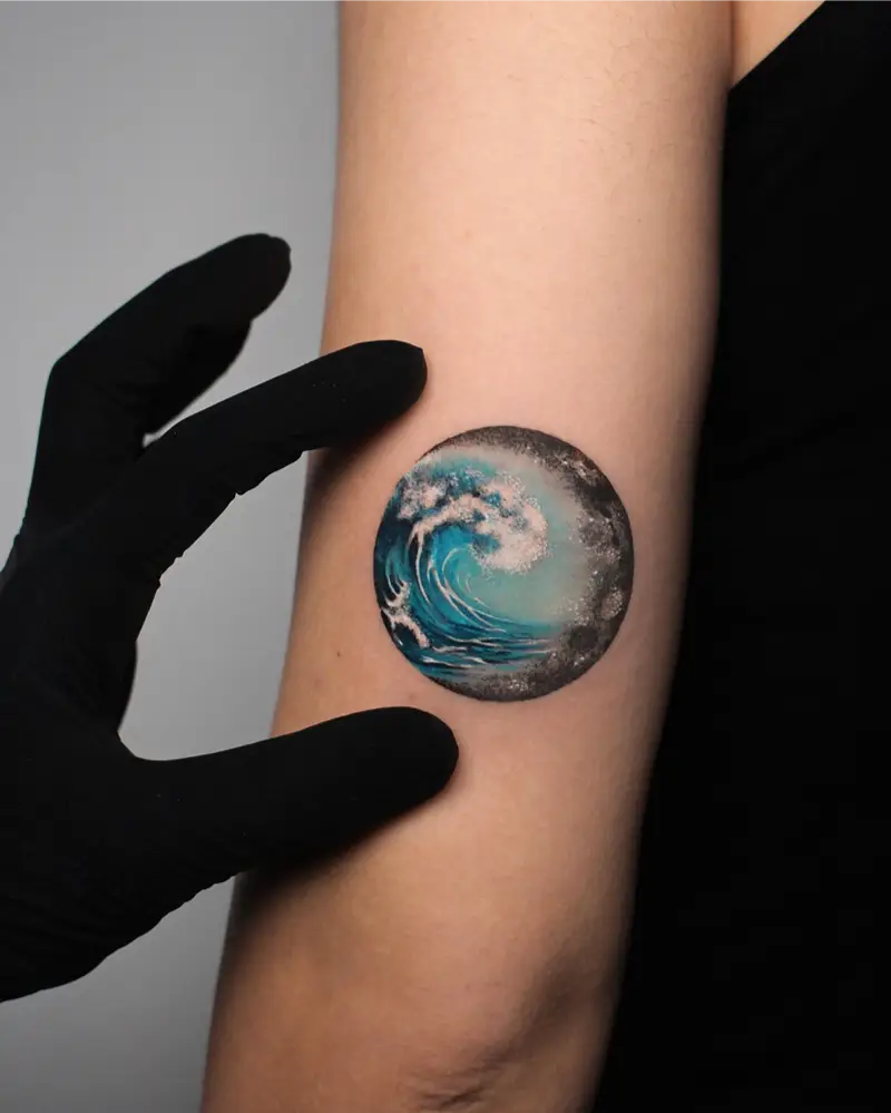 Painterly Ocean Wave Circle Tattoo