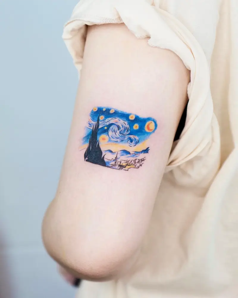 Painterly Watercolor The Starry Night Arm Tattoo