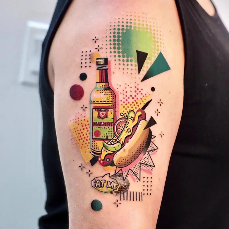 Pop Art Malört Bottle and Hot Dog Tattoo