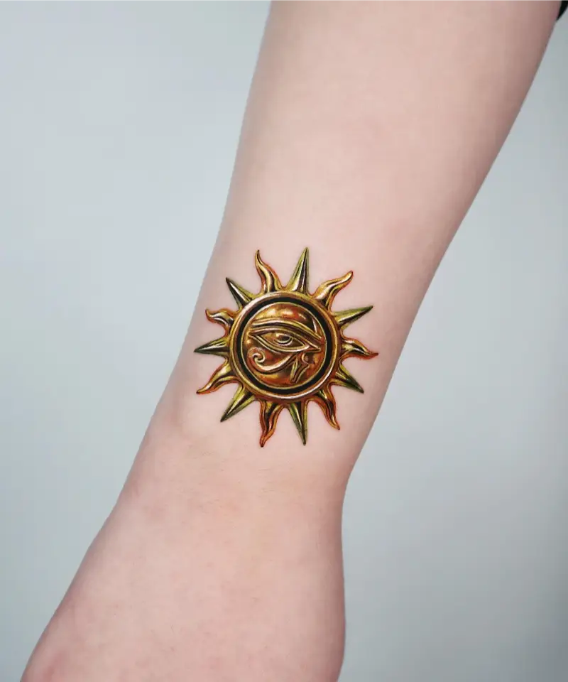 Radiant Golden Sun Eye of Horus Tattoo