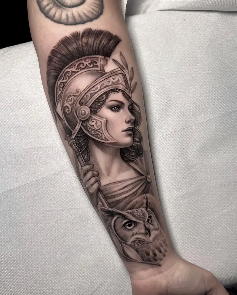 Realistic Athena and Owl Portrait Tattoo