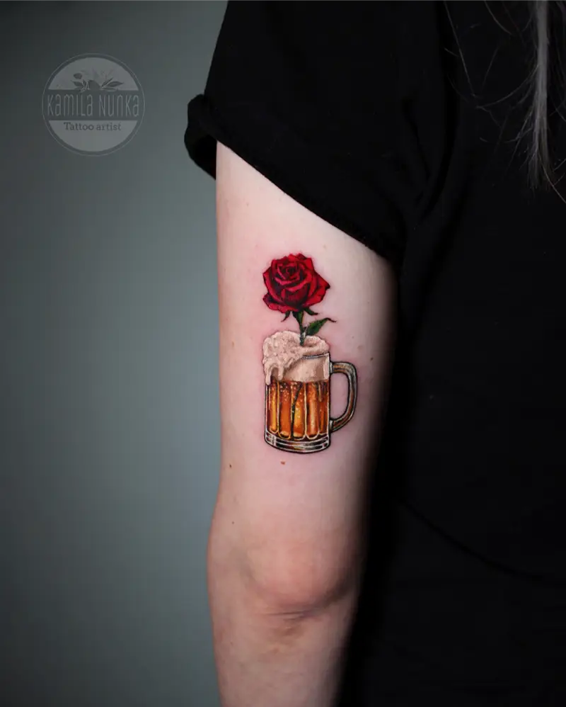 Realistic Beer Mug and Rose Tattoo