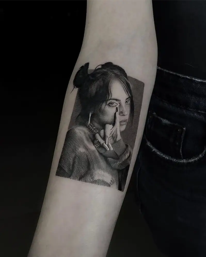 Realistic Billie Eilish Portrait Tattoo