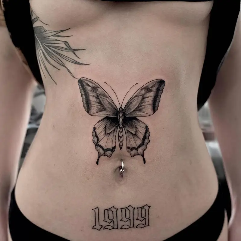 Realistic Butterfly Center Belly Tattoo