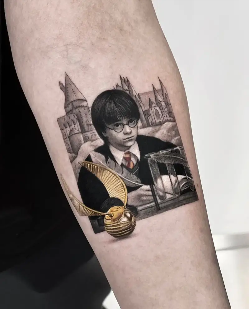 Realistic Harry Potter and Golden Snitch Tattoo