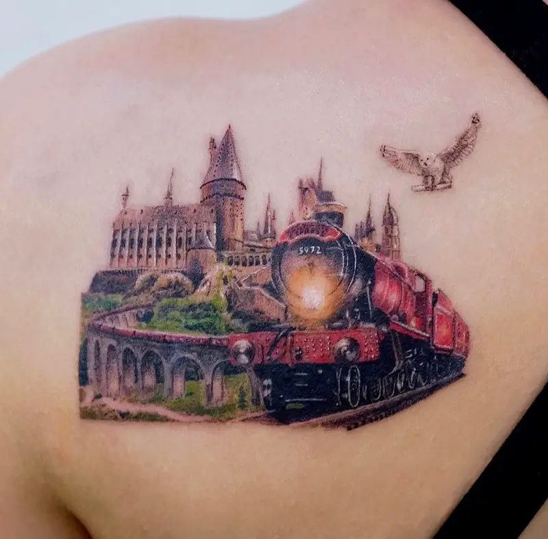 Geometric Hogwarts Castle and Dementor Tattoo