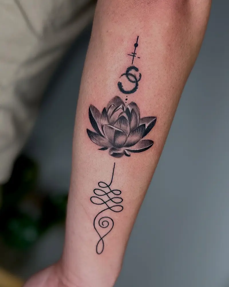 Realistic Lotus Unalome Forearm Tattoo
