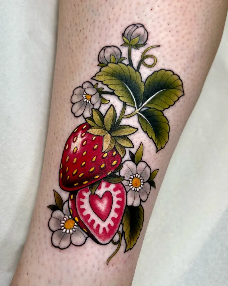 Romantic Botanical Heart Strawberry Tattoo