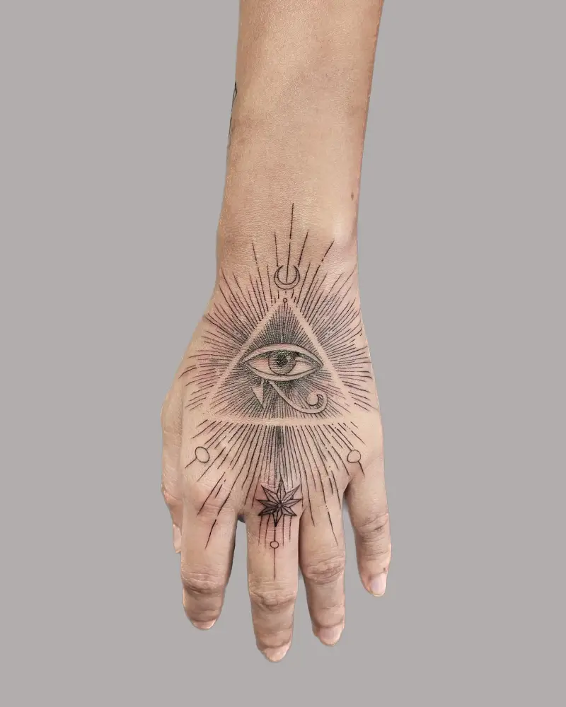 Sacred Geometry Eye of Horus Hand Tattoo