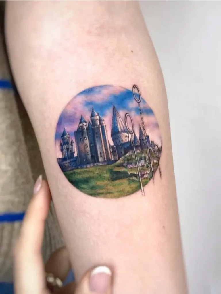 Scenic Hogwarts Castle Landscape Tattoo